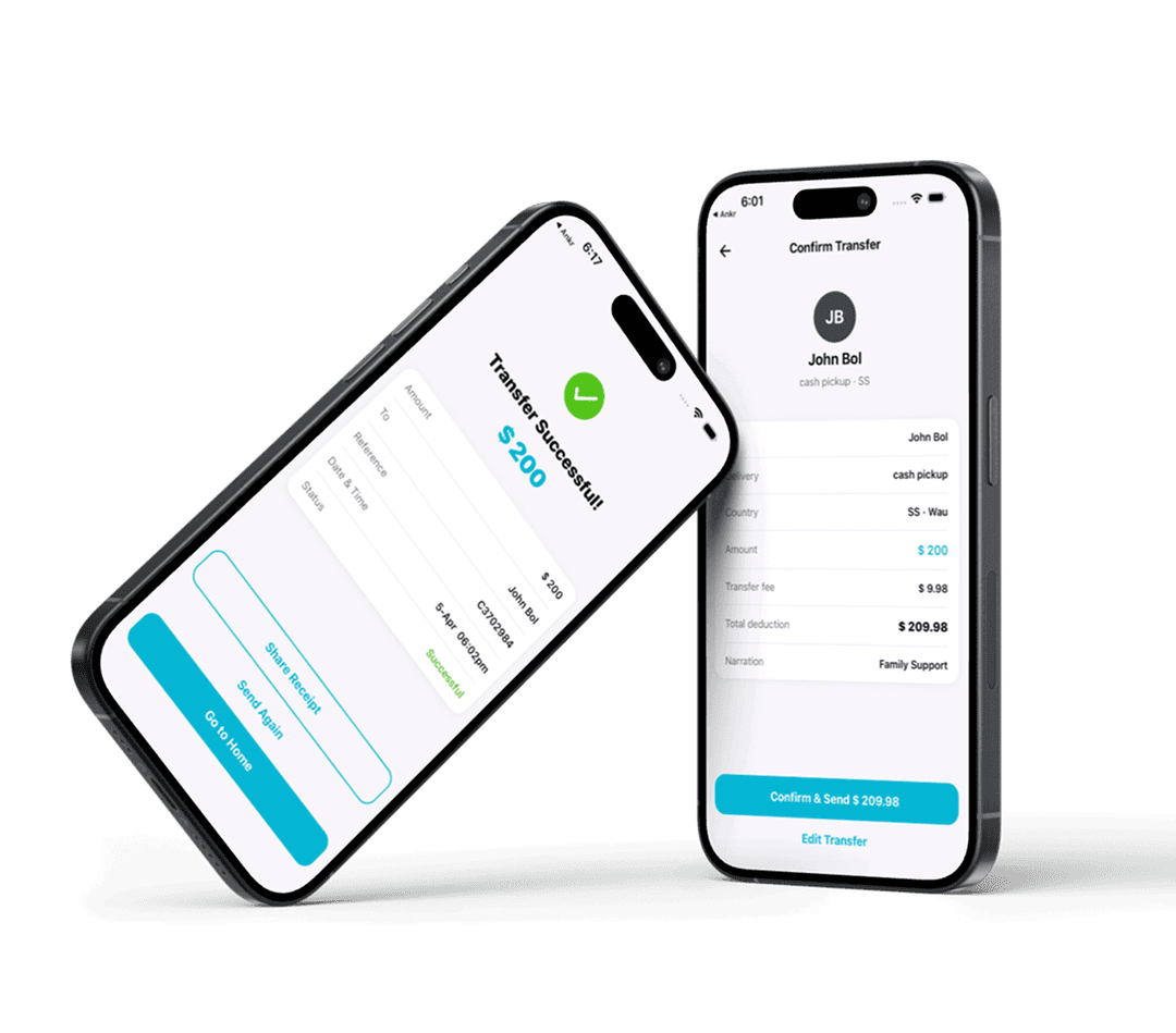 NilePay mobile app showing money transfer to South Sudan